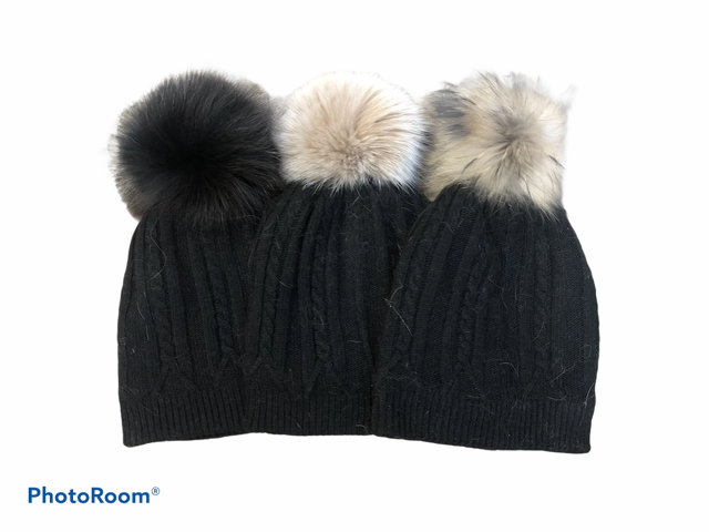 Ladies fleece lined hat with fox fur pom pom - SL Fur & Leather
