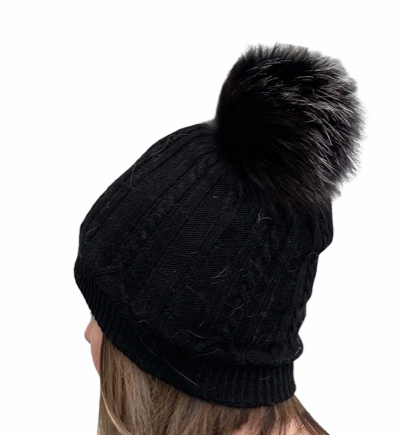 Ladies fleece lined hat with fox fur pom pom - SL Fur & Leather