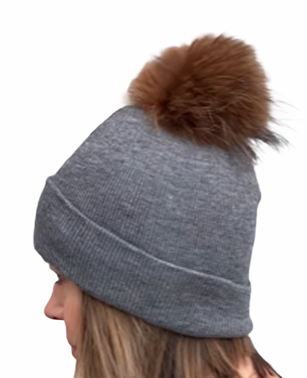 Ladies hat with fox fur pom pom - SL Fur & Leather